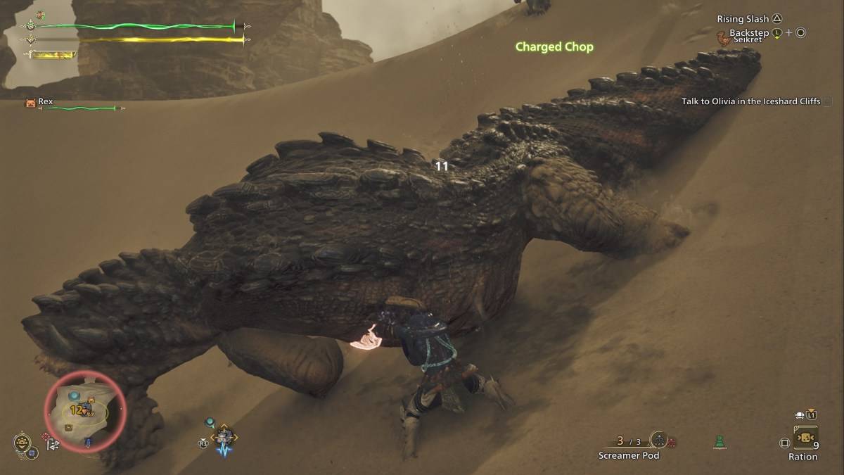 A hunter in Monster Hunter Rise: Sunbreak performing a downward thrust attack with the sword and shield