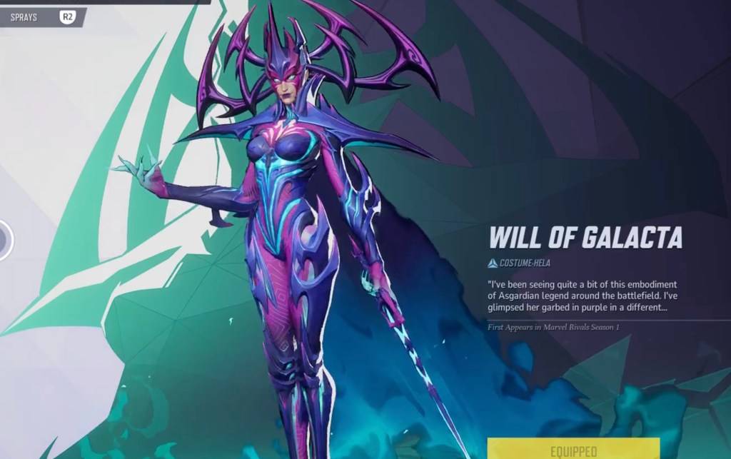 Hela dans sa volonté de Galacta Skin dans le menu de sélection dans le cadre d'un article sur les skins gratuits de Marvel rivaux.