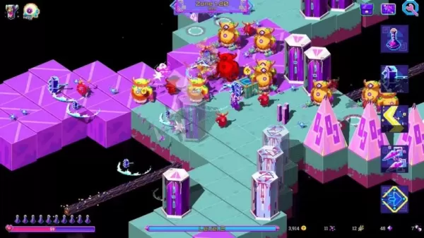 An isometric neon battlefield populated by cartoonish monsters and robots atop purple-and-teal platforms