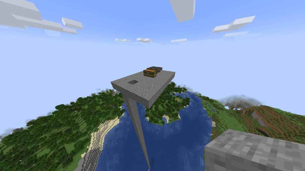 胸があり、Mob Spawnerの4つのホッパーがある空のMinecraftの小さなプラットフォーム