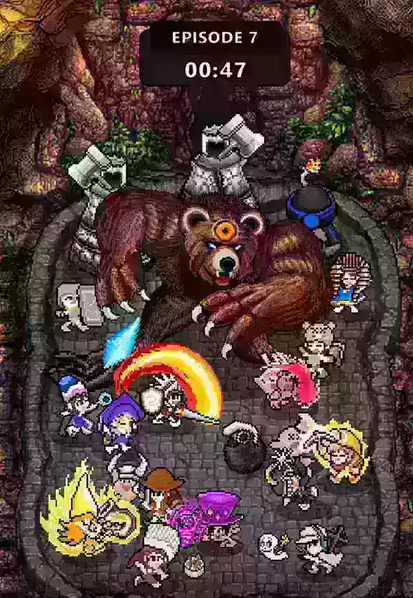 pixel art heroes fighting a giant bear