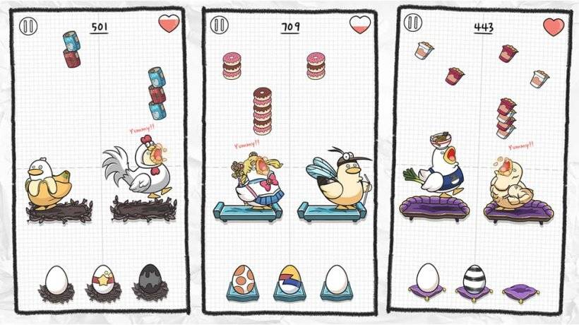 Jogabilidade de Duck Town mostrando patos fantasiados pegando itens de comida caindo no ritmo