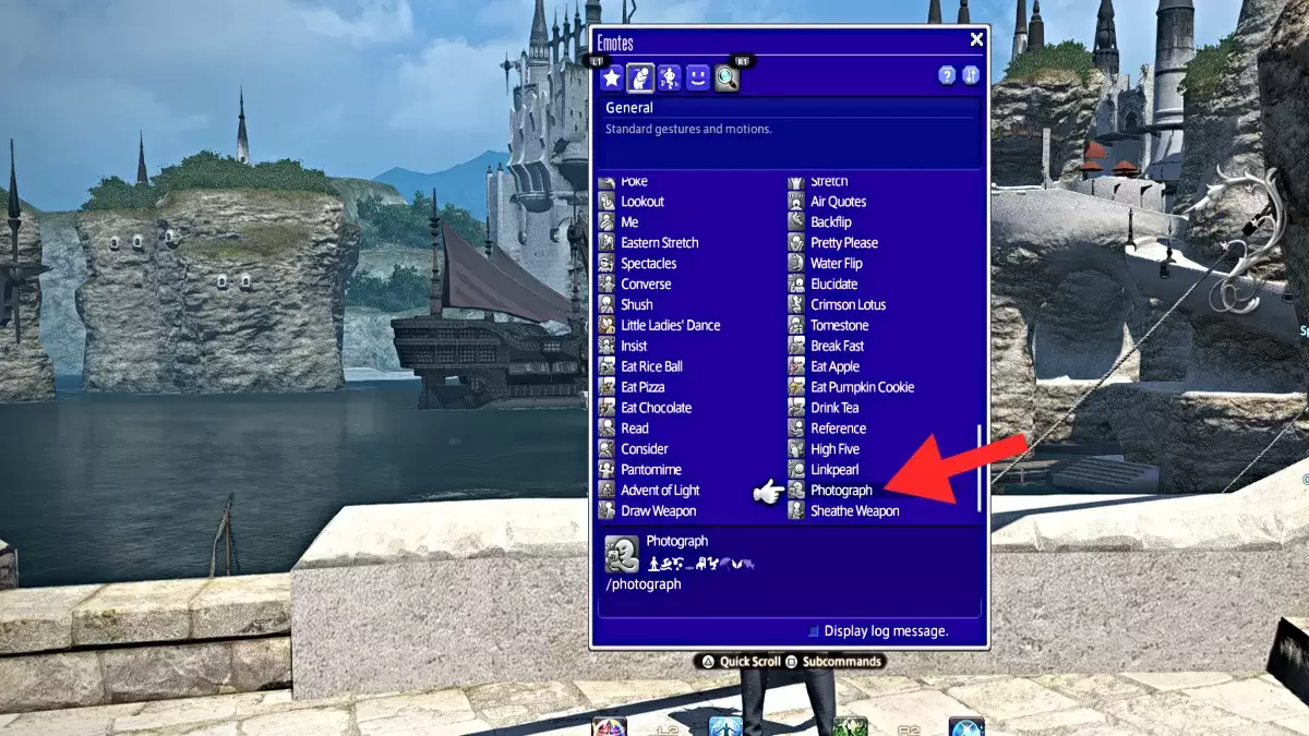 Screenshot des Foto -Emote in ffxiv