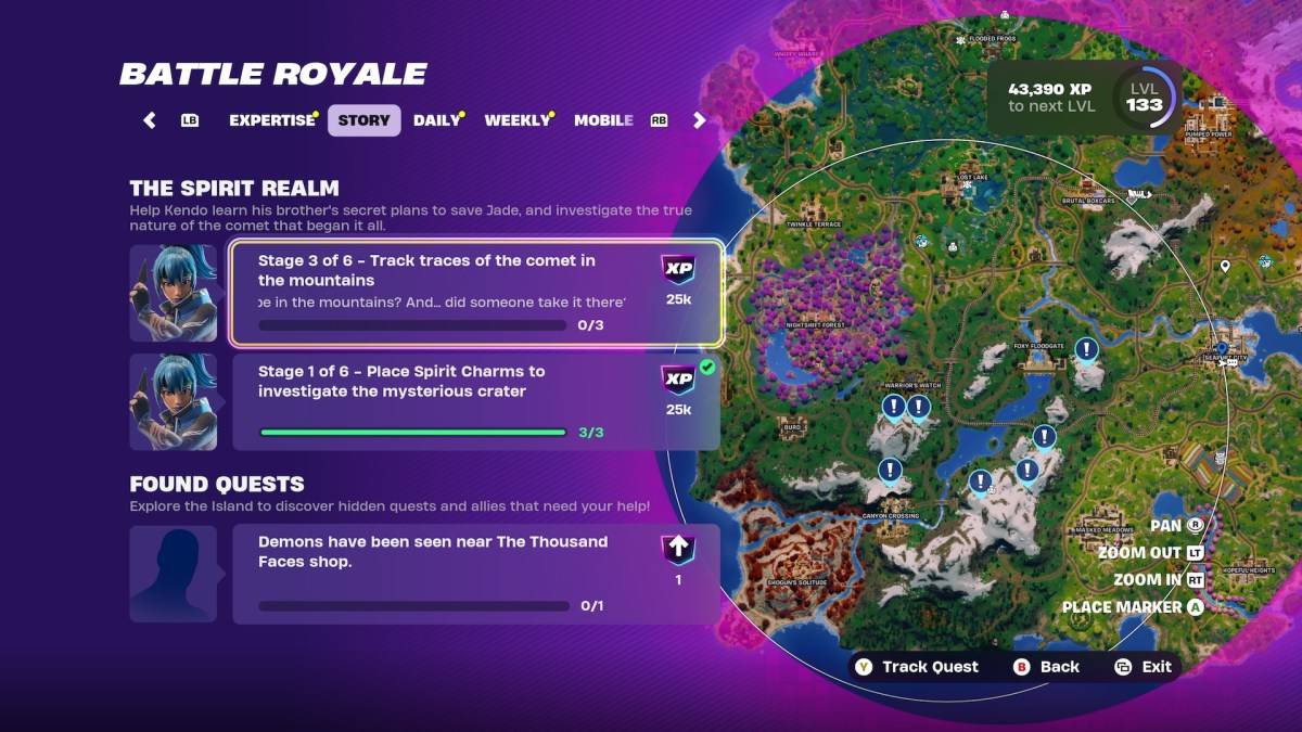 Ang mga mapa ng pag -highlight ng mga lokasyon ng Comet Trace sa Fortnite.