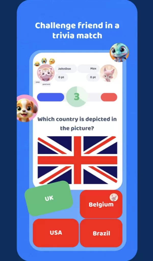 Una captura de pantalla de un juego de cuestionario con múltiples respuestas para determinar para qué país está la bandera de Union Jack.