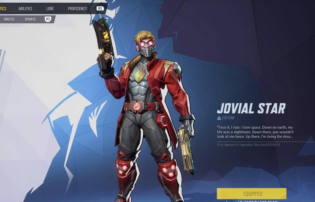 Star-Lord dans sa peau d'étoile Jovial dans le menu de sélection dans le cadre d'un article sur les skins gratuits de Marvel rivaux.