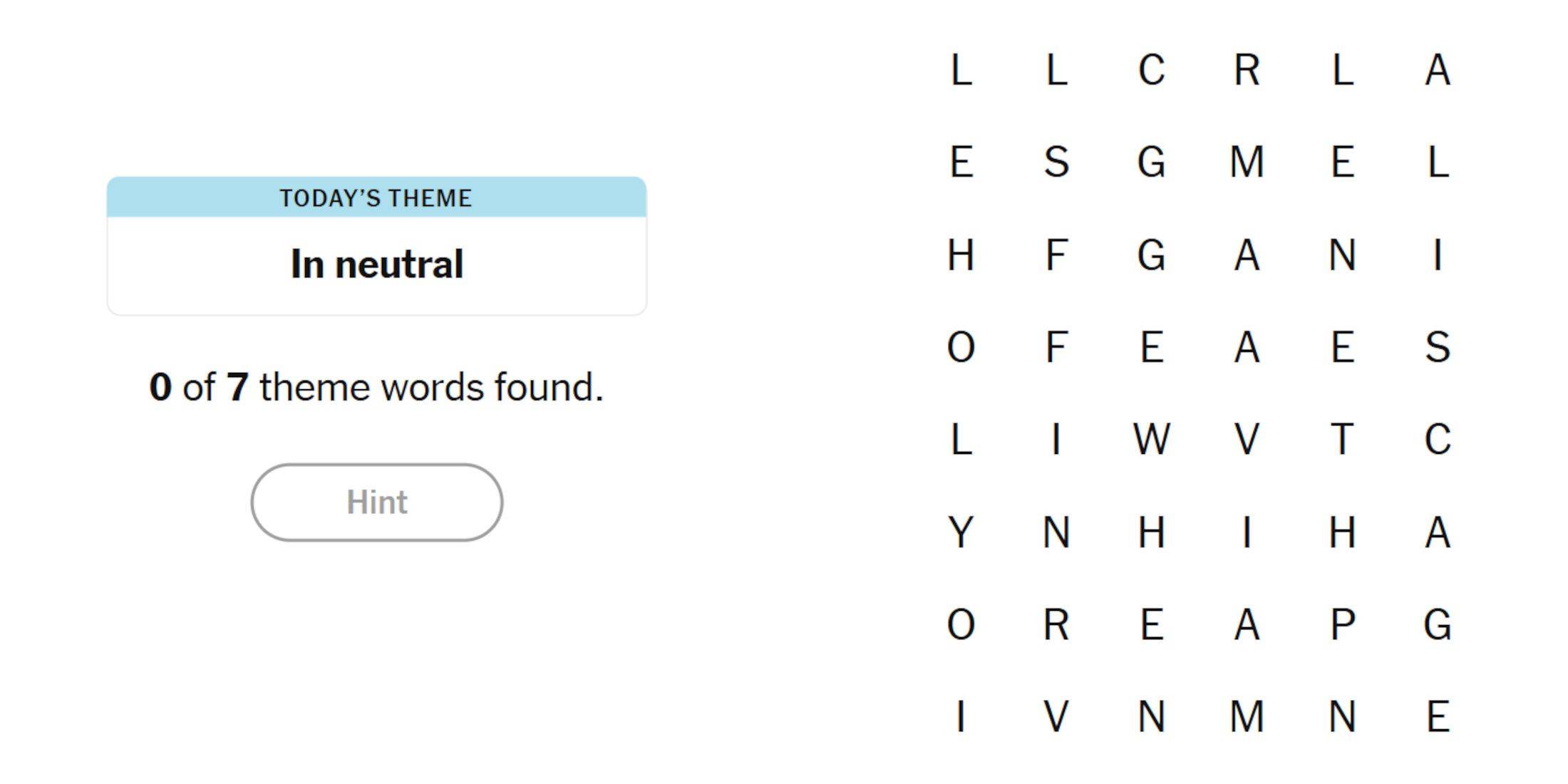 The Strands puzzle for today has the clue In Neutral. There are seven items to find, including the Spangram and six themed words.