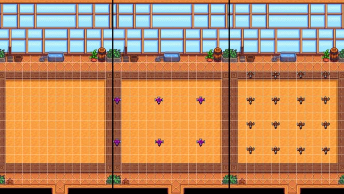 À l'intérieur de Greenhouse avec des arroseurs à Stardew Valley.