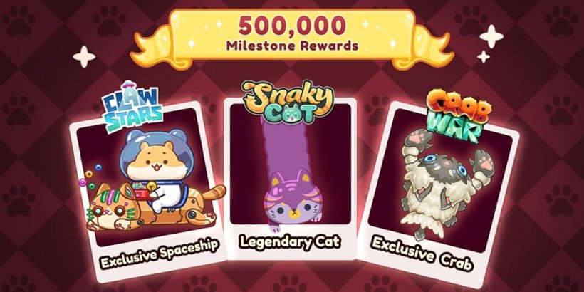 images showing Claw Stars exclusive spaceship, legendary cat and Crab War: Idle Swarm Evolutions exclusive crab 500,000 pre registrations milestone rewwards