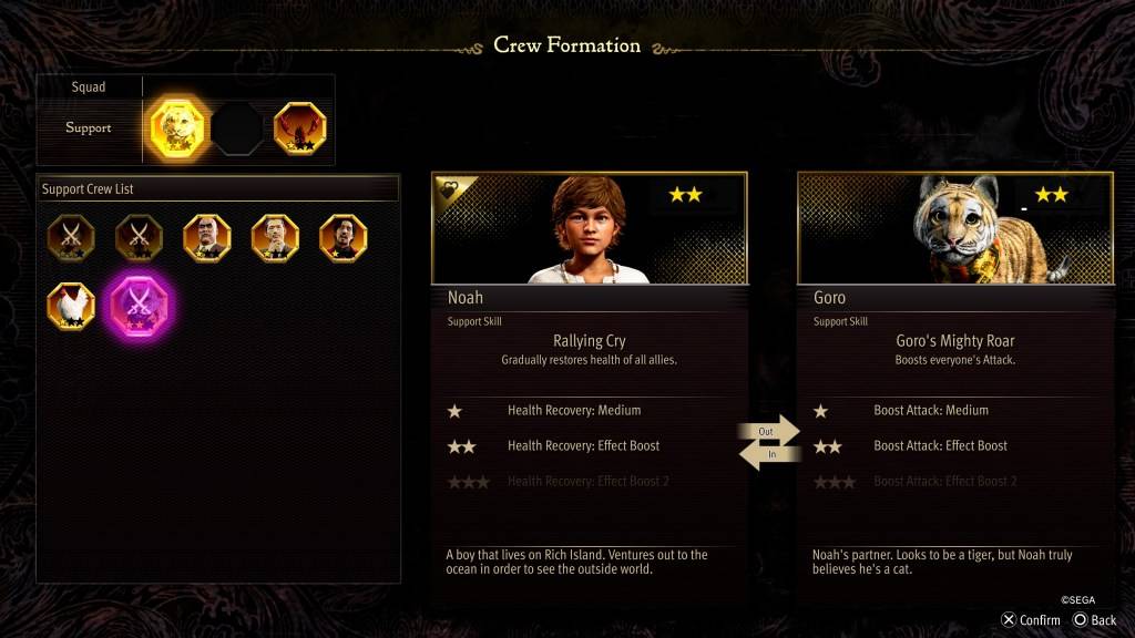 The Crew Formation stat screen for Goro in Like a Dragon: Pirate Yakuza in Hawaii