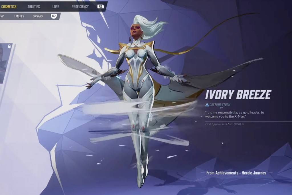 Storm dans sa peau d'ivoire sur le menu de sélection dans le cadre d'un article sur les skins gratuits de Marvel rivaux.