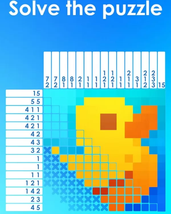 Completed nonogram puzzle showing a duck image emerging from the grid