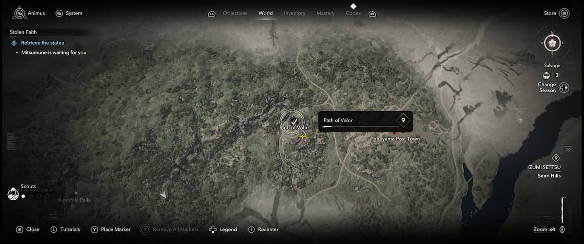 Map showing the location of the Path of Valor in Assassin's Creed Shadows
