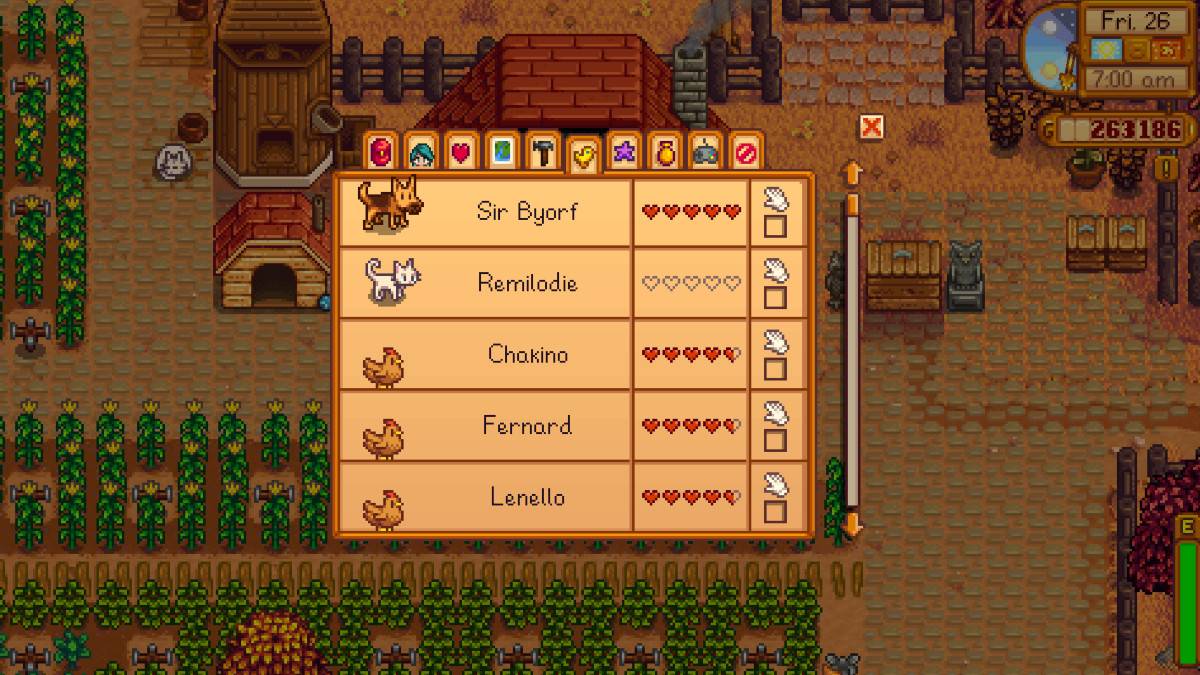 Menú del medidor de amistad animal en Stardew Valley